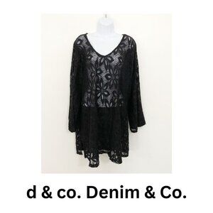 Denim & Co. Black Lace Tunic Top Size 1X Beach  Cover Up Shirt